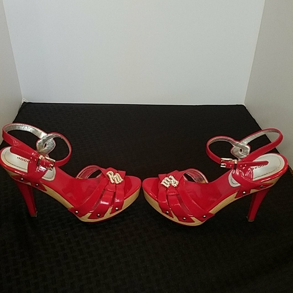 Rocawear Valentina Red Silver Wooden Heels Size 6 - Picture 4 of 7